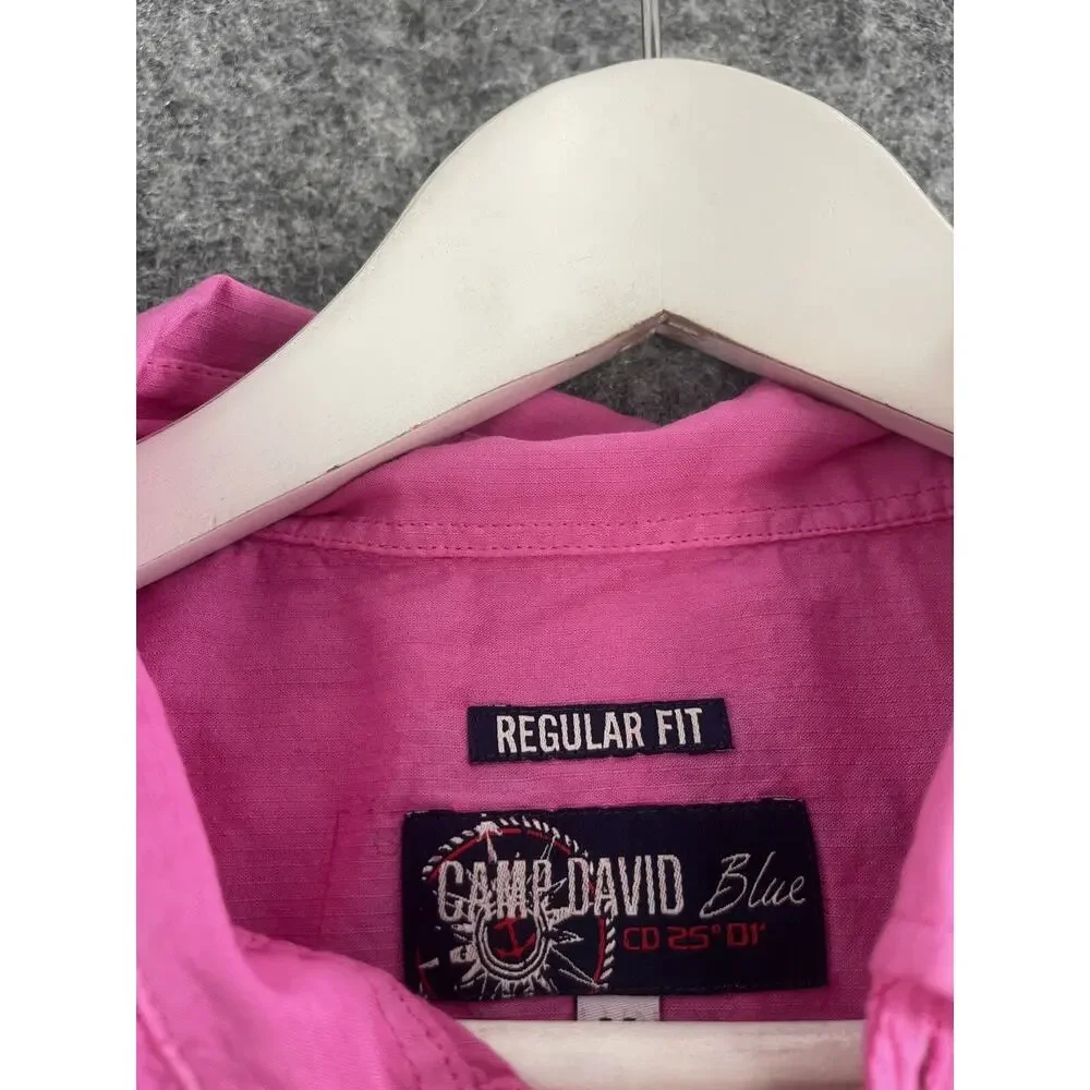 Camp David Shirt Mens Medium Pink Button Up Embroidered Short Sleeve Cotton N30